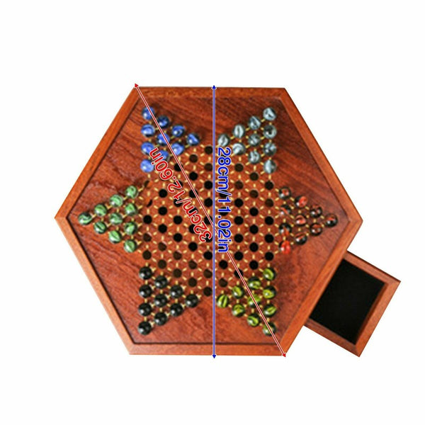 Wooden Chinese Table Board Game Checkers w/ Storage Drawers & Glass Marbles Gift