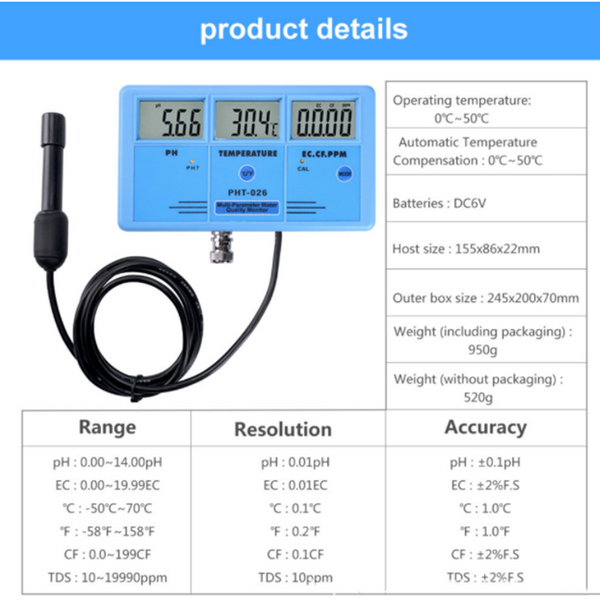 Water Quality Monitor Ph Meter TDS Temp Conductivity Detector Aquarium Analysis