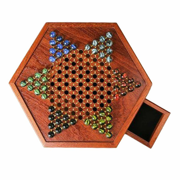 Wooden Chinese Table Board Game Checkers w/ Storage Drawers & Glass Marbles Gift