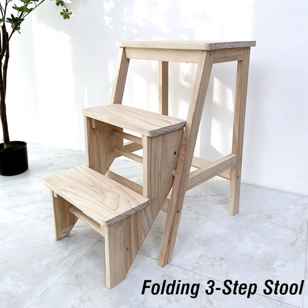 3-Step Folding Wooden Step Stool Portable Kids Adults Stool Ladder Home Stool
