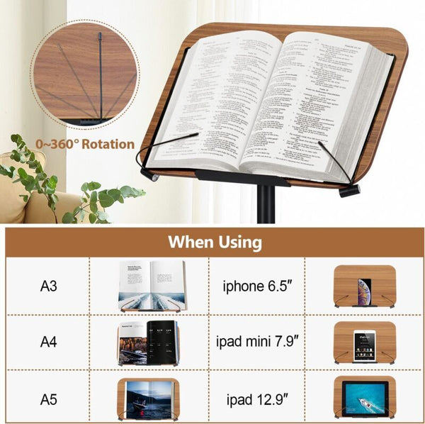 2-in-1 Floor Book&Laptop Lectern Stand Adjustable Angle Wooden Reading Holder