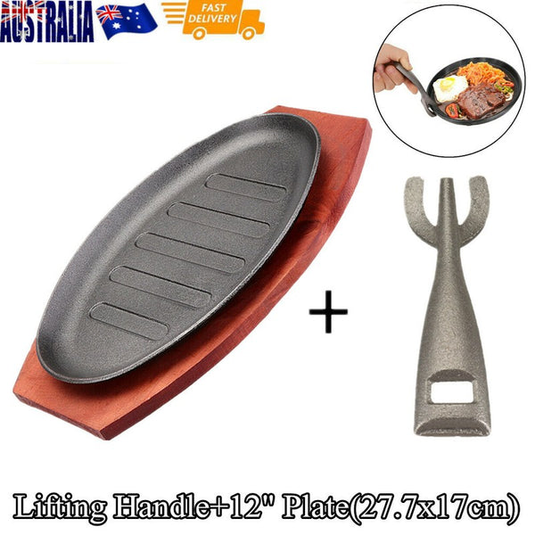 12" Cast Iron Steak Serving Plate Sizzling Teppanyaki Hot Gratin Dish BBQ Grill