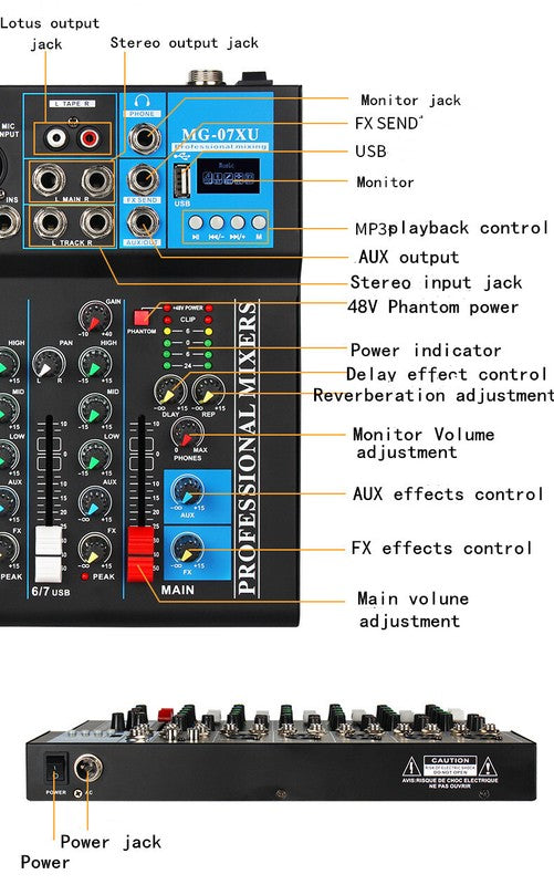 7 Channel Bluetooth Mixer DJ Live Studio Audio Mixer USB Console Amplifier AUX