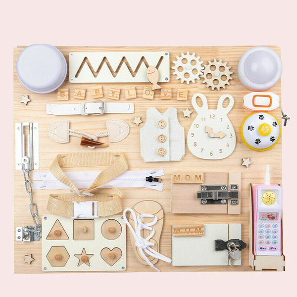 Montessori Unlock Toy Baby Double Sided Busy Board Wooden Sensory Toys Learning