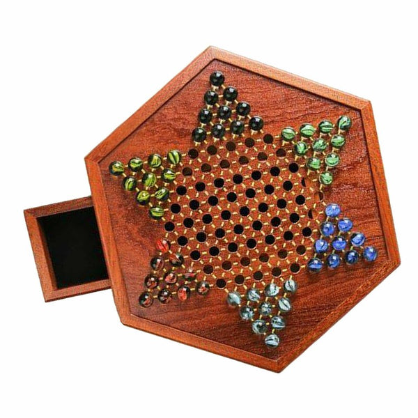 Wooden Chinese Table Board Game Checkers w/ Storage Drawers & Glass Marbles Gift