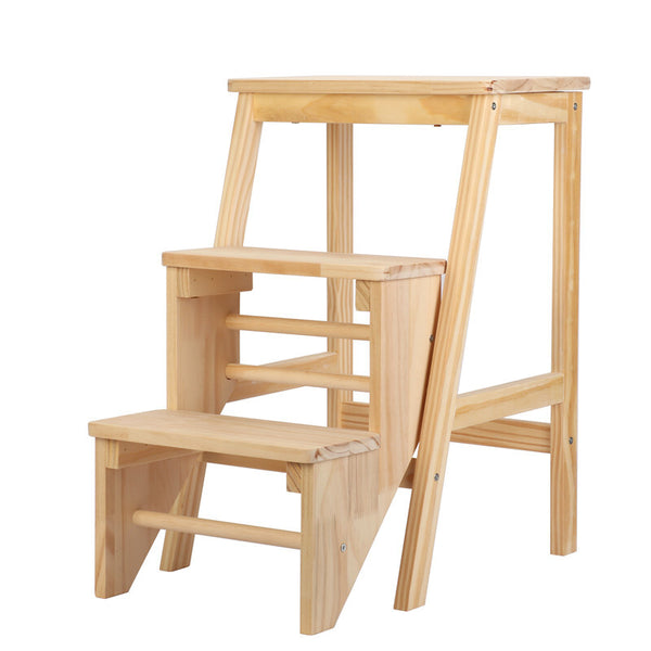3-Step Folding Wooden Step Stool Portable Kids Adults Stool Ladder Home Stool