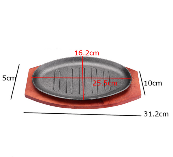 12" Cast Iron Steak Plate Sizzling Serving Platter Pan Sizzler Plate & Wood Base