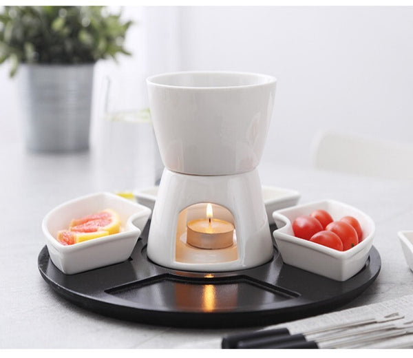 Ceramic Cholocate Fondue Set w/ 4 Bowls 4 Forks Melting Pot for Cheese Chocolate