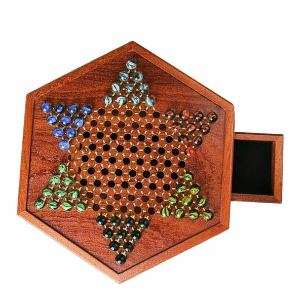 Wooden Chinese Table Board Game Checkers w/ Storage Drawers & Glass Marbles Gift