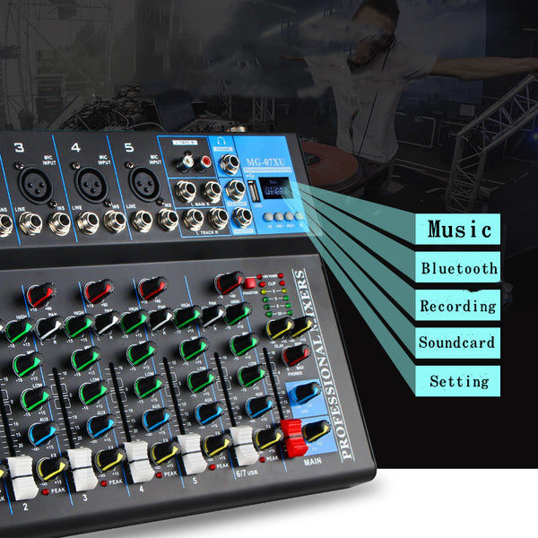 7 Channel Bluetooth Mixer DJ Live Studio Audio Mixer USB Console Amplifier AUX