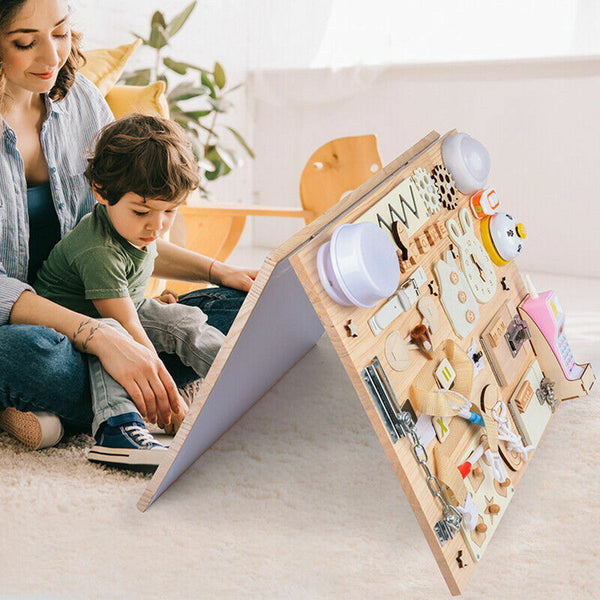 Montessori Unlock Toy Baby Double Sided Busy Board Wooden Sensory Toys Learning