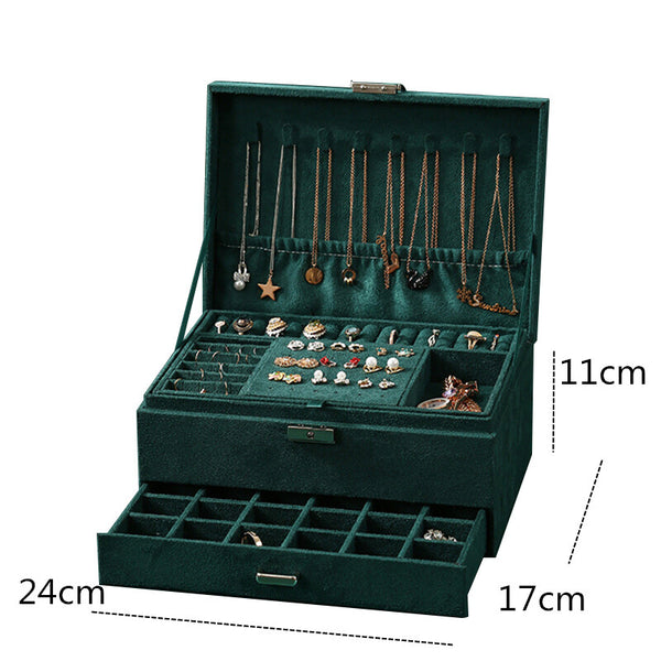 3-layers Jewelry Organizer Large Necklace Ring Display Cases Green Velvet Box