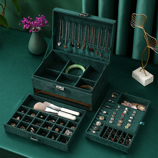 3-layers Jewelry Organizer Large Necklace Ring Display Cases Green Velvet Box
