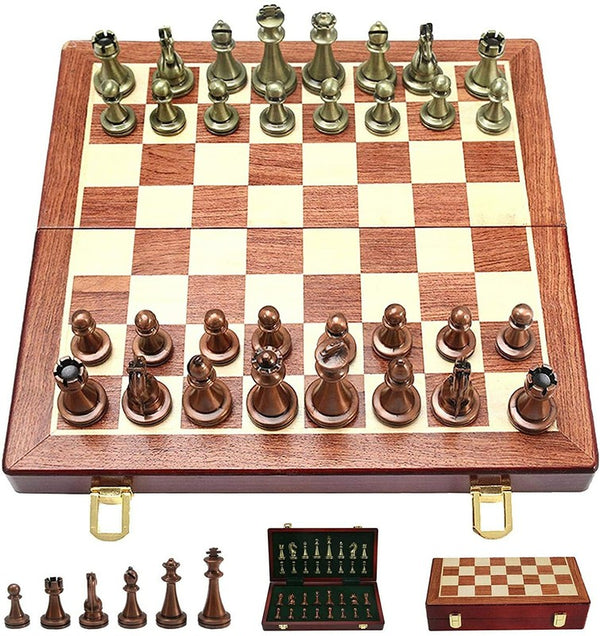 Upscale Metal Chess Set Foldable Wooden Chess Board Zinc Alloy Chess Pieces