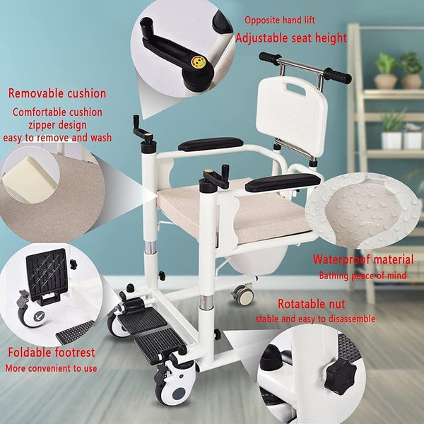 4in1 Elderly Transfer Chair Hand-cranked Height-Adjustable Patient Toilet Chair