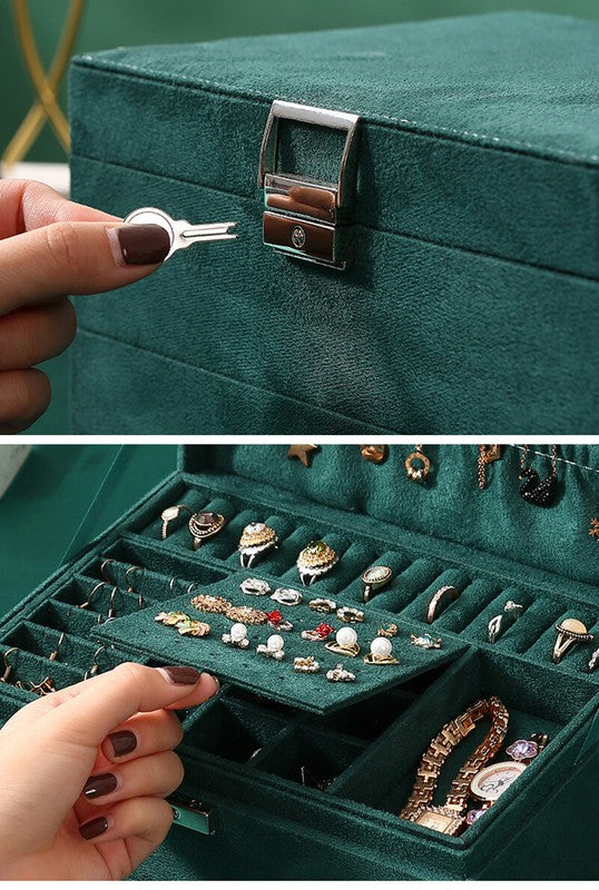 3-layers Jewelry Organizer Large Necklace Ring Display Cases Green Velvet Box