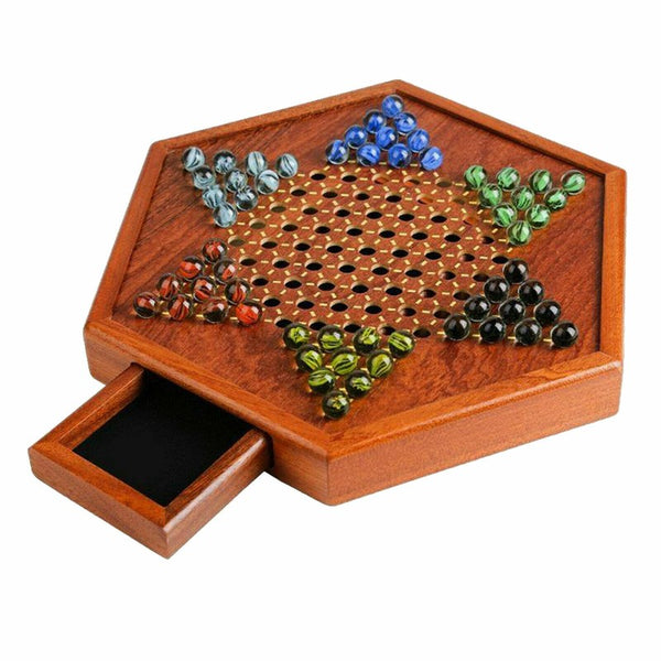 Wooden Chinese Table Board Game Checkers w/ Storage Drawers & Glass Marbles Gift