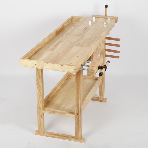 Heavy Duty Wood Workbench with Adjustable Handle & Storage for Garage Workshop
