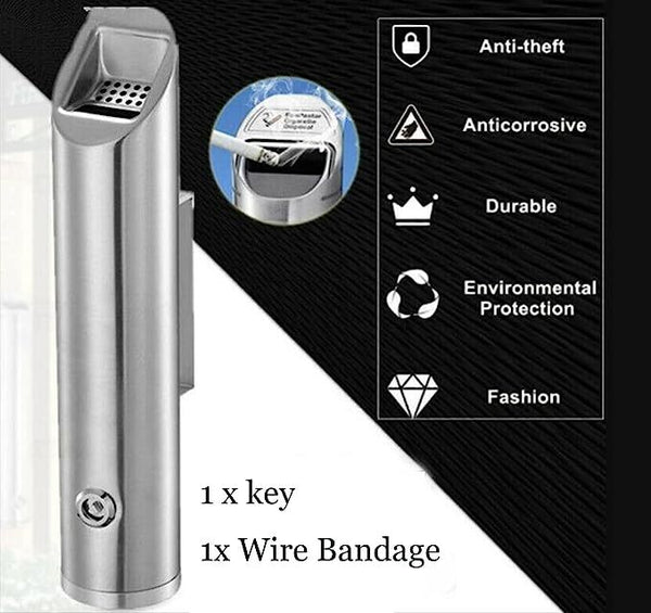 Wall Mounted Ashtray Stainless Steel Commercial 1.8L Outdoor Cylinder Ash Bin AU