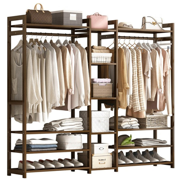 Bamboo Clothes Rack Open Wardrobe Garment Coat 170CM Wooden Clothes Rail Rack