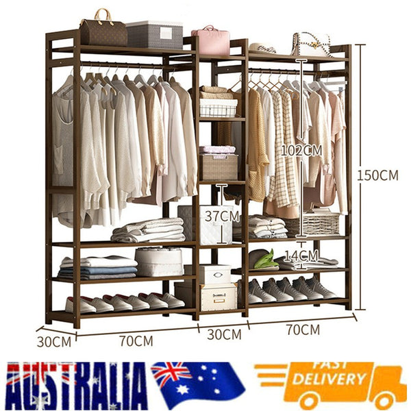 Bamboo Clothes Rack Open Wardrobe Garment Coat 170CM Wooden Clothes Rail Rack
