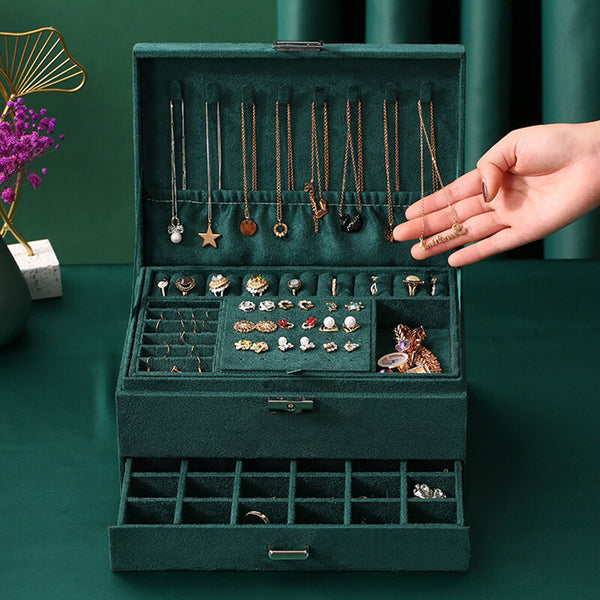 3-layers Jewelry Organizer Large Necklace Ring Display Cases Green Velvet Box