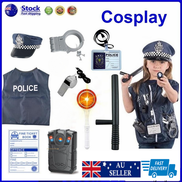 Police Cosplay Uniform Shirt Hat Whistle Costume Suit Birthday Gift For Kids AU