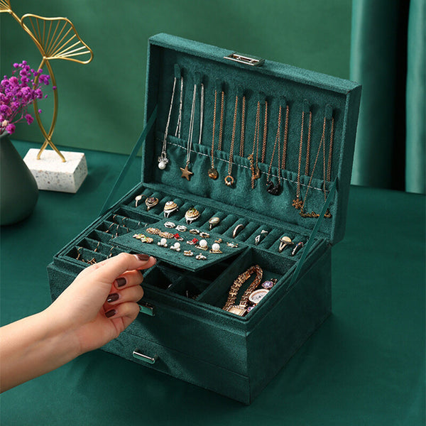 3-layers Jewelry Organizer Large Necklace Ring Display Cases Green Velvet Box