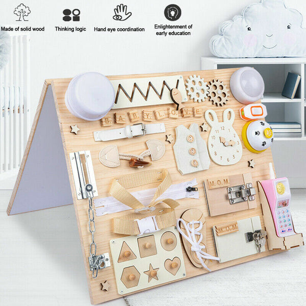Montessori Unlock Toy Baby Double Sided Busy Board Wooden Sensory Toys Learning