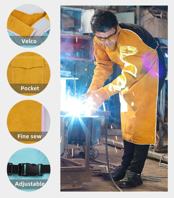 Cowhide Leather Welding Apron Long Heavy Duty Welding Clothes Suit with Sleeves