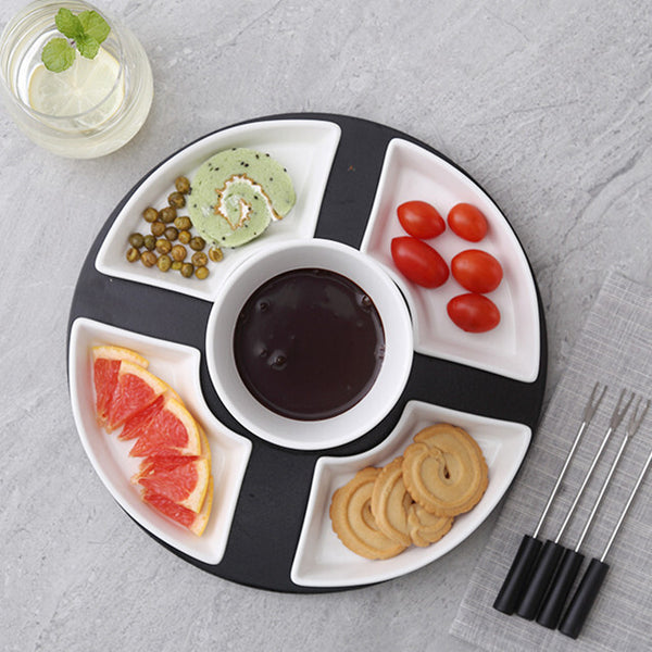Ceramic Cholocate Fondue Set w/ 4 Bowls 4 Forks Melting Pot for Cheese Chocolate