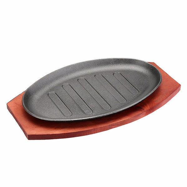 12" Cast Iron Steak Plate Sizzling Serving Platter Pan Sizzler Plate & Wood Base