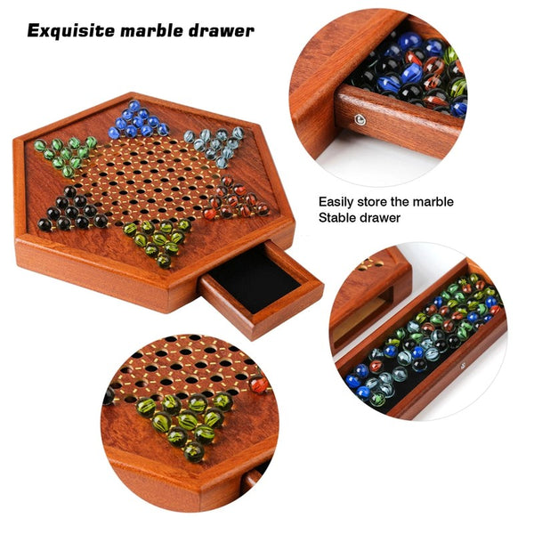 Wooden Chinese Table Board Game Checkers w/ Storage Drawers & Glass Marbles Gift