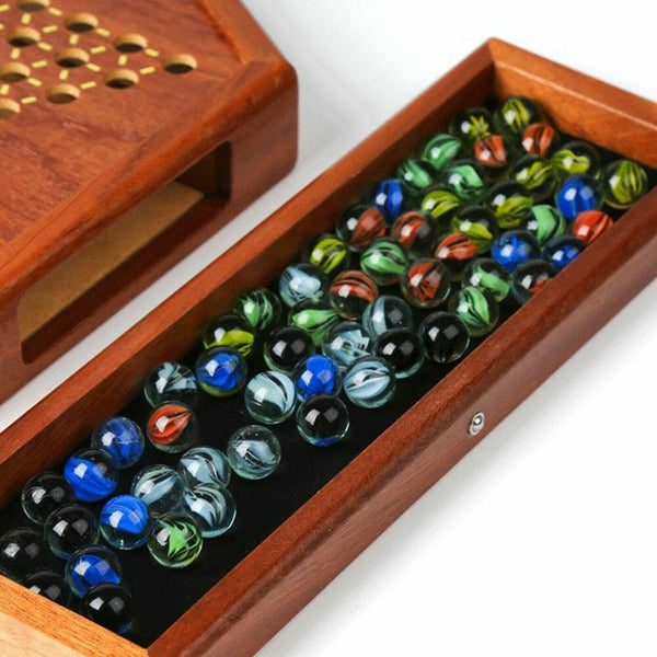 Wooden Chinese Table Board Game Checkers w/ Storage Drawers & Glass Marbles Gift