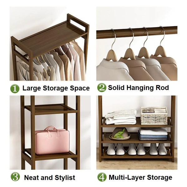 Bamboo Clothes Rack Open Wardrobe Garment Coat 170CM Wooden Clothes Rail Rack