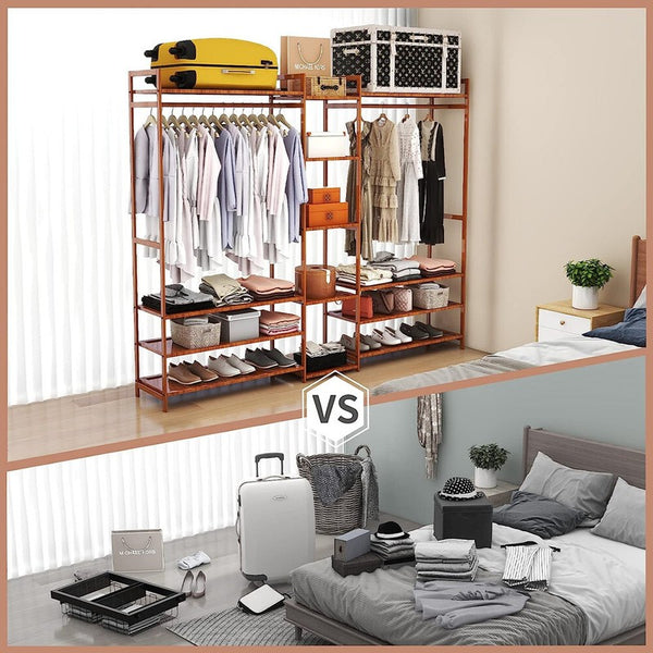 Bamboo Clothes Rack Open Wardrobe Garment Coat 170CM Wooden Clothes Rail Rack