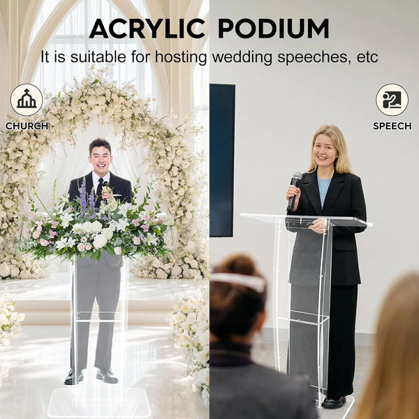 Transparent Acrylic Podium Stand Free Standing Church Pulpit for Speech Wedding
