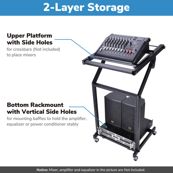 12U Adjustable Audio Rack Mount Studio Equipment Rolling Mixer Stand Stage Cart