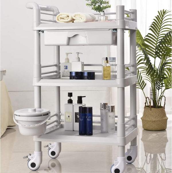 Beauty Trolley Cart with Wheel Esthetician Cart with Handrail, Bucket and Drawer
