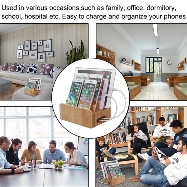 USB Charge Station Multi-Device Hub Charging Dock for Phone iPad Tablet Bamboo - Image 5