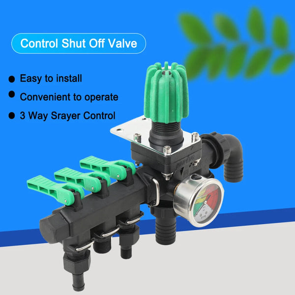 3 Way Hose Splitter Valve Agricultural Sprayer Control Shut Off  Pressure Gauge
