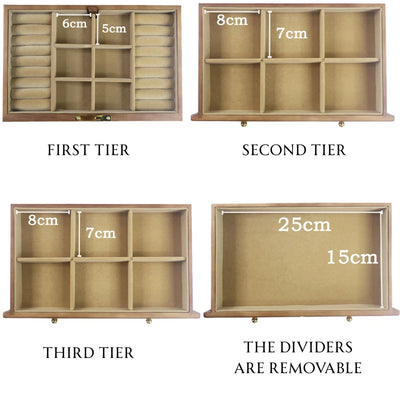 3-Tier Wooden Jewelry Box Jewelry Organizer Case Large Storage Box 29*19*17.5cm - Image 6
