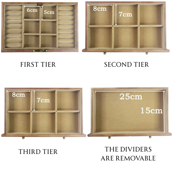3-Tier Wooden Jewelry Box Jewelry Organizer Case Large Storage Box 29*19*17.5cm - Image 6