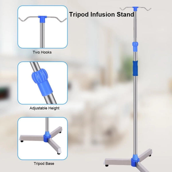 2 Hook Adjustable IV Pole Portable Drip Bag Stand for Clinic Household Care