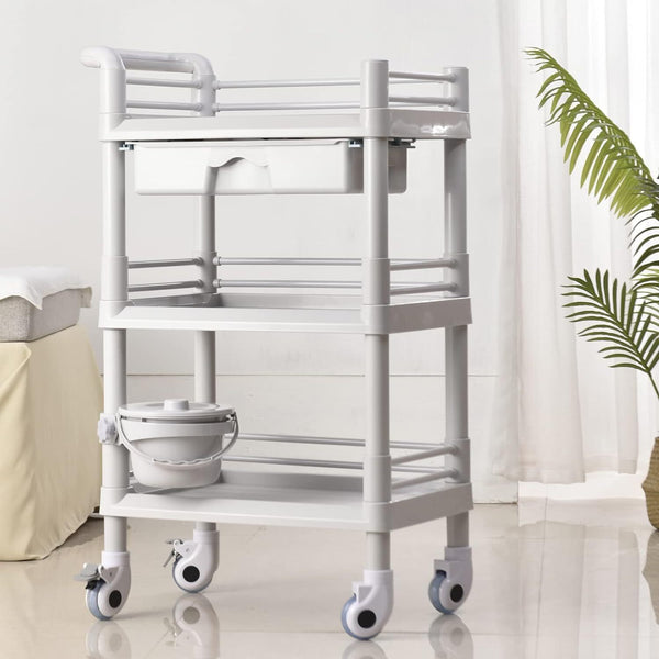 Beauty Trolley Cart with Wheel Esthetician Cart with Handrail, Bucket and Drawer