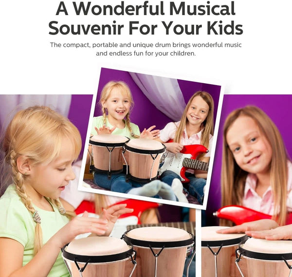 Bongo Drums 6”7” Wood Percussion Bongos for Kids Adults Beginners Natural Finish